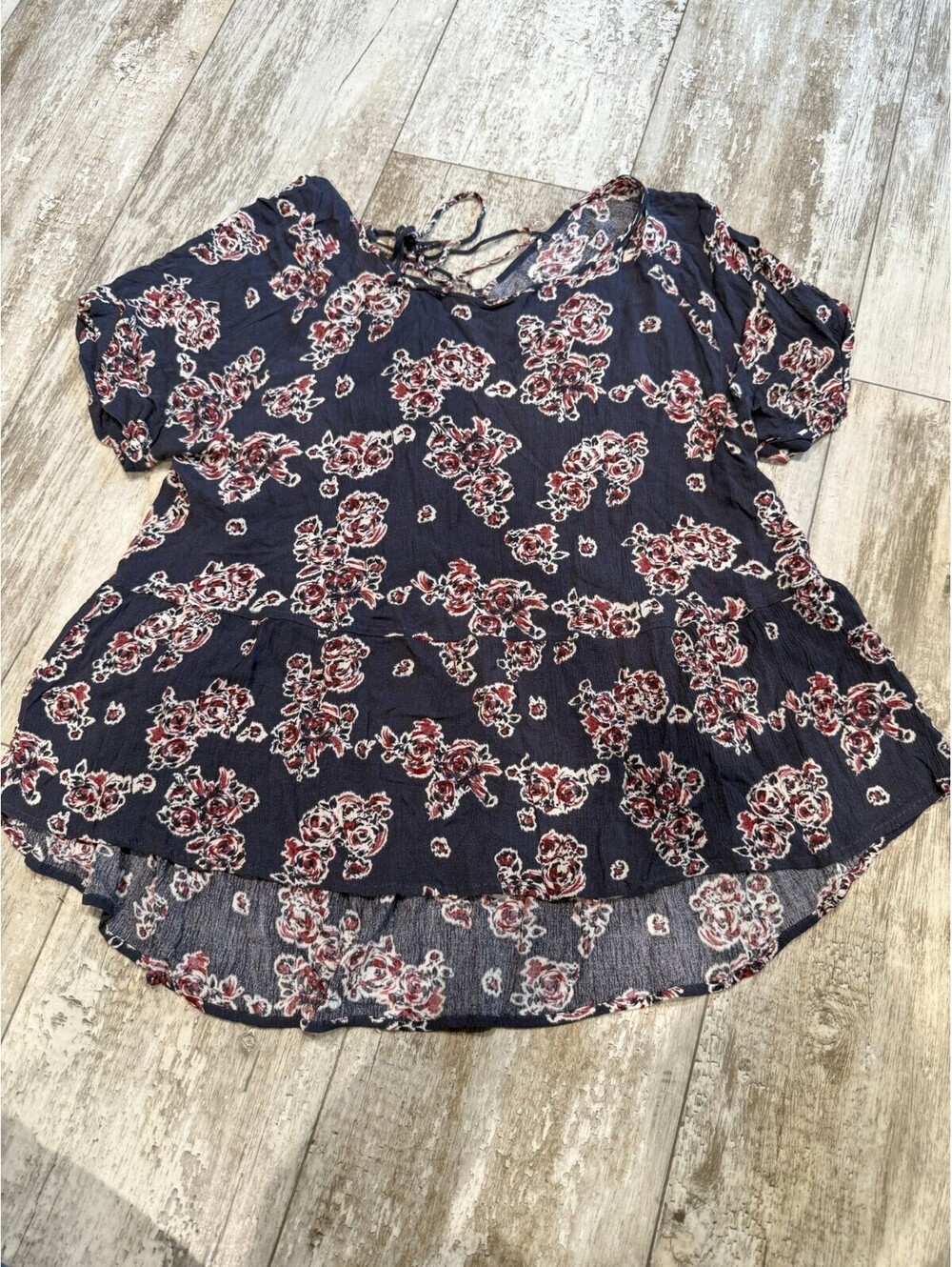 Lush Navy Red Floral Peplum Blouse T11837-003